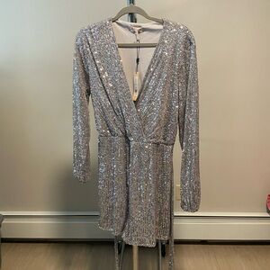 BCBGeneration Silver Sequin Wrap Long-Sleeve Mini Romper